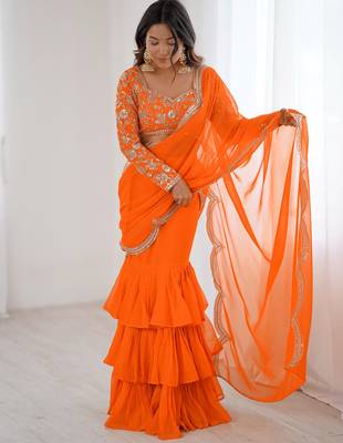  orange sequins georgette festival lehenga saree 4