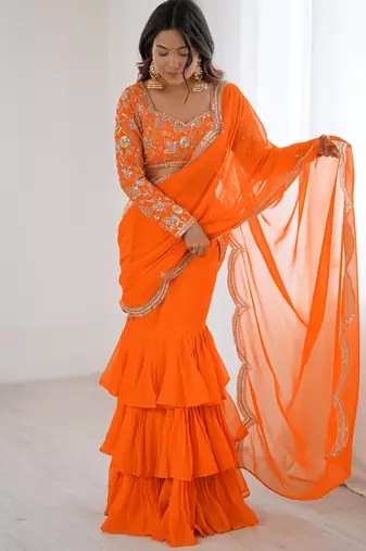  orange sequins georgette festival lehenga saree