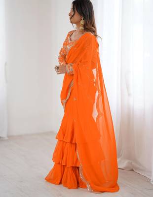  orange sequins georgette festival lehenga saree 5
