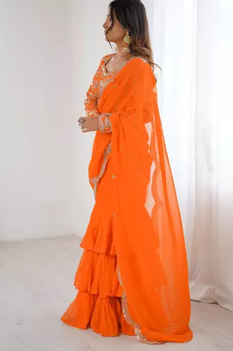  orange sequins georgette festival lehenga saree
