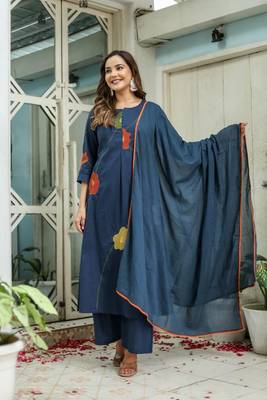 Floral embroidered blue round neck  cotton kurta set with trouser & dupatta 1