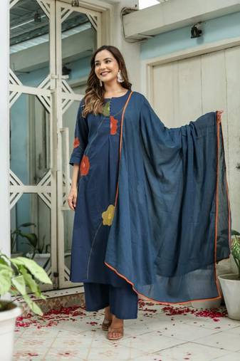 Floral embroidered blue round neck pure cotton kurta set with trouser & dupatta