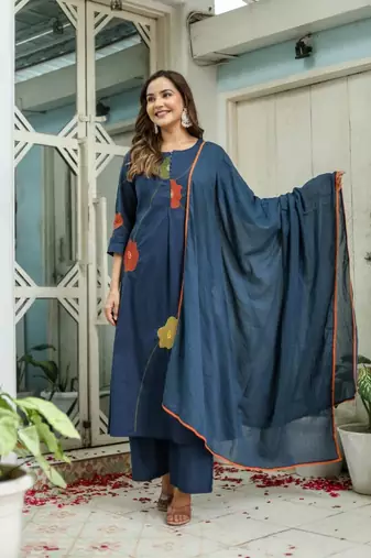 Floral embroidered blue round neck pure cotton kurta set with trouser & dupatta