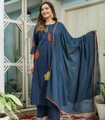 Floral embroidered blue round neck pure cotton kurta set with trouser & dupatta
