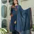 Floral embroidered blue round neck pure cotton kurta set with trouser & dupatta