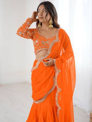  orange sequins georgette festival lehenga saree 6