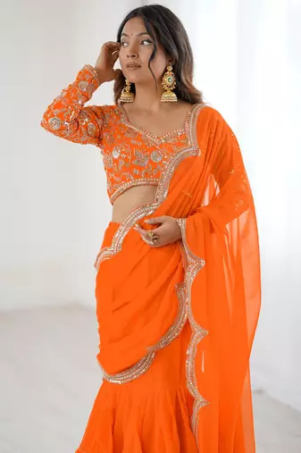  orange sequins georgette festival lehenga saree