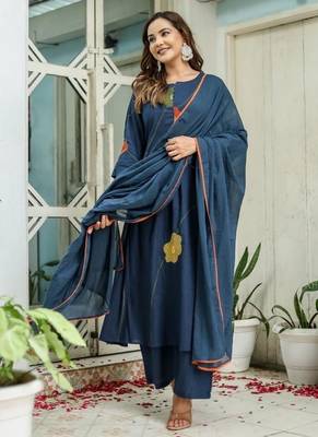 Floral embroidered blue round neck  cotton kurta set with trouser & dupatta 2