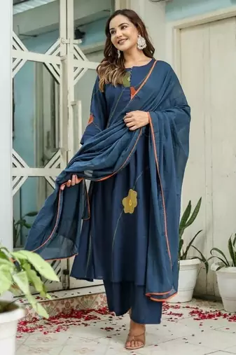 Floral embroidered blue round neck  cotton kurta set with trouser & dupatta