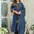 Floral embroidered blue round neck pure cotton kurta set with trouser & dupatta