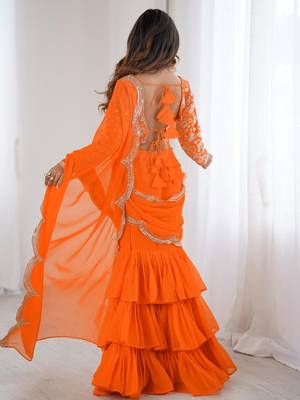  orange sequins georgette festival lehenga saree 7