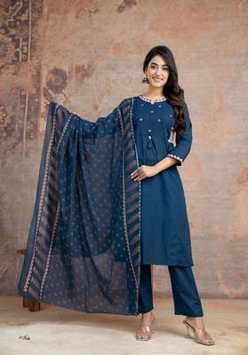 Floral embroidered blue round neck  cotton kurta set with trouser & dupatta 1