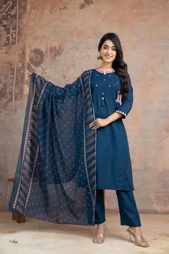 Floral embroidered blue round neck pure cotton kurta set with trouser & dupatta