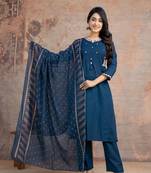 Floral embroidered blue round neck pure cotton kurta set with trouser & dupatta