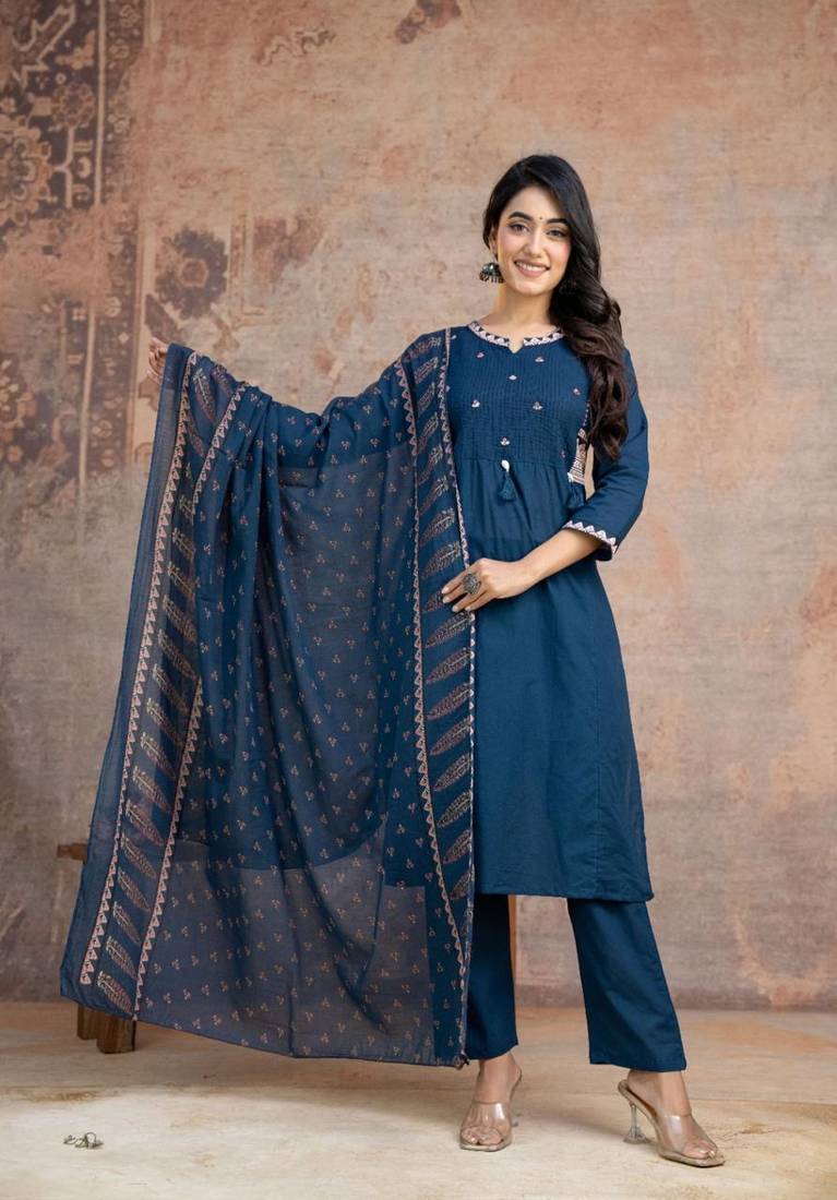 Floral embroidered blue round neck pure cotton kurta set with trouser & dupatta