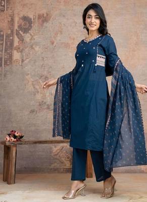 Floral embroidered blue round neck  cotton kurta set with trouser & dupatta 2