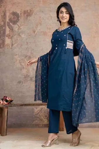 Floral embroidered blue round neck  cotton kurta set with trouser & dupatta