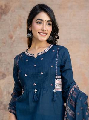 Floral embroidered blue round neck  cotton kurta set with trouser & dupatta 3