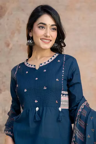 Floral embroidered blue round neck  cotton kurta set with trouser & dupatta
