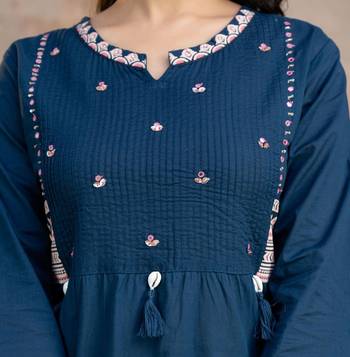 Floral embroidered blue round neck  cotton kurta set with trouser & dupatta 4