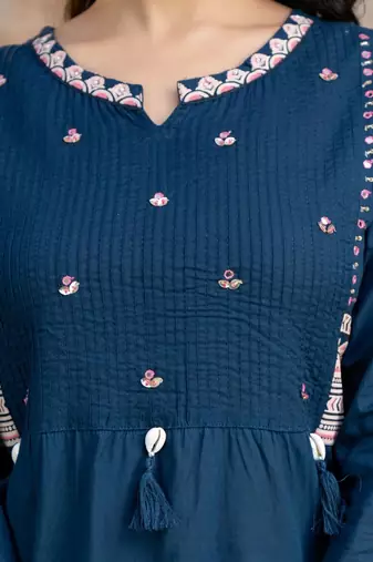 Floral embroidered blue round neck  cotton kurta set with trouser & dupatta