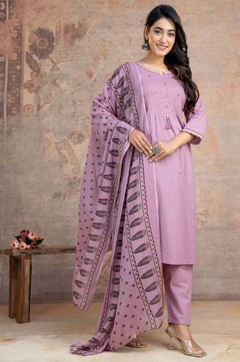 Floral embroidered lilac round neck pure cotton kurta set with trouser & dupatta