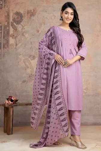 Floral embroidered lilac round neck pure cotton kurta set with trouser & dupatta
