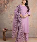 Floral embroidered lilac round neck pure cotton kurta set with trouser & dupatta