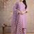 Floral embroidered lilac round neck pure cotton kurta set with trouser & dupatta