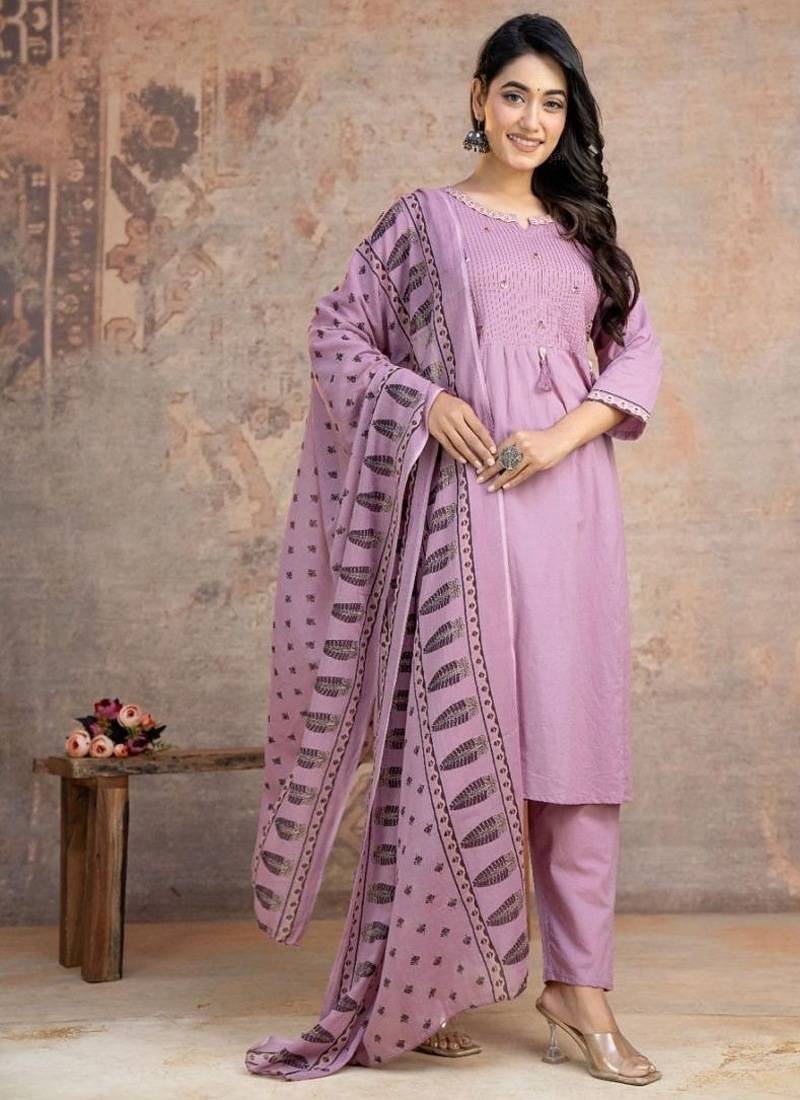 Floral embroidered lilac round neck pure cotton kurta set with trouser & dupatta