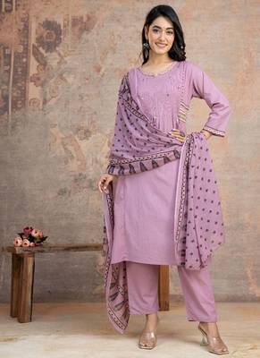 Floral embroidered lilac round neck  cotton kurta set with trouser & dupatta 2