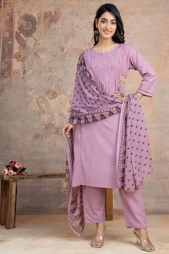 Floral embroidered lilac round neck  cotton kurta set with trouser & dupatta