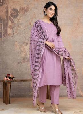 Floral embroidered lilac round neck  cotton kurta set with trouser & dupatta 3