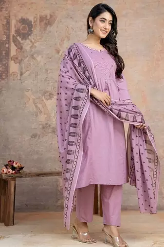 Floral embroidered lilac round neck  cotton kurta set with trouser & dupatta