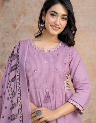 Floral embroidered lilac round neck  cotton kurta set with trouser & dupatta 4