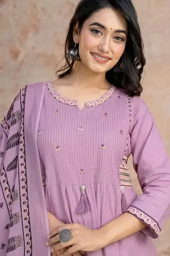 Floral embroidered lilac round neck  cotton kurta set with trouser & dupatta