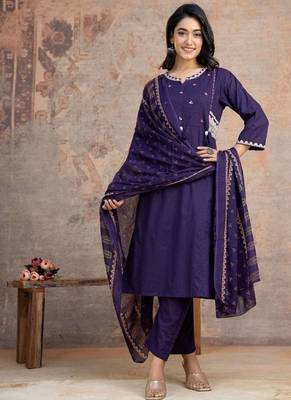 Floral embroidered purple round neck  cotton kurta set with trouser & dupatta 1