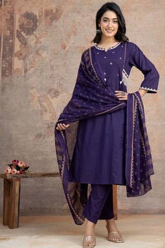 Floral embroidered purple round neck pure cotton kurta set with trouser & dupatta