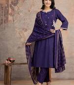 Floral embroidered purple round neck pure cotton kurta set with trouser & dupatta