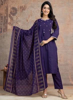 Floral embroidered purple round neck  cotton kurta set with trouser & dupatta 2
