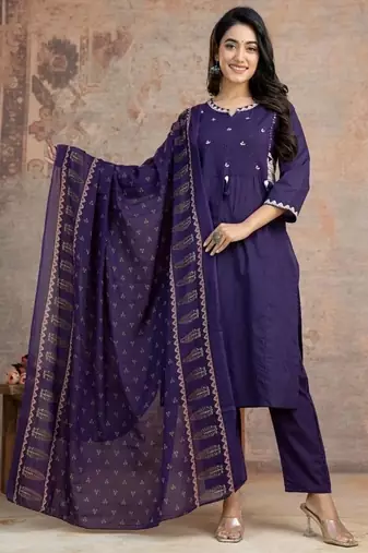 Floral embroidered purple round neck  cotton kurta set with trouser & dupatta