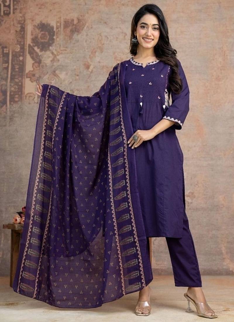Floral embroidered purple round neck pure cotton kurta set with trouser & dupatta