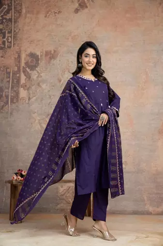 Floral embroidered purple round neck  cotton kurta set with trouser & dupatta