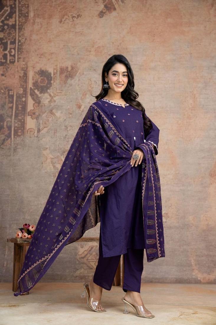 Floral embroidered purple round neck pure cotton kurta set with trouser & dupatta