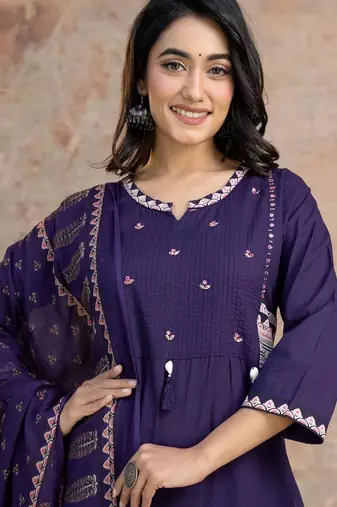 Floral embroidered purple round neck  cotton kurta set with trouser & dupatta