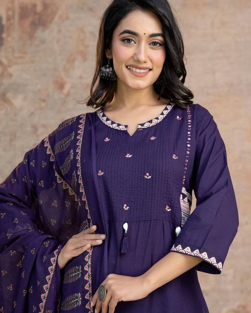 Floral embroidered purple round neck pure cotton kurta set with trouser & dupatta
