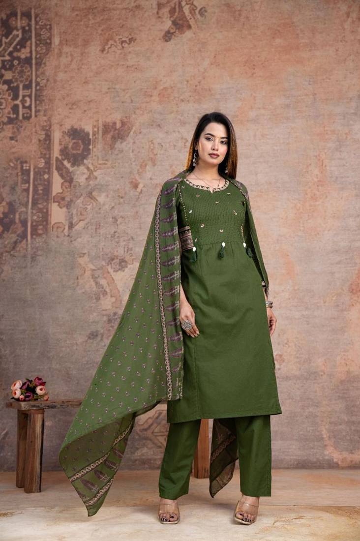 Floral embroidered green round neck pure cotton kurta set with trouser & dupatta