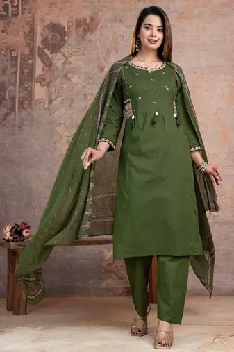 Floral embroidered green round neck  cotton kurta set with trouser & dupatta