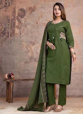 Floral embroidered green round neck  cotton kurta set with trouser & dupatta 3