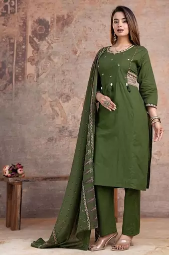 Floral embroidered green round neck  cotton kurta set with trouser & dupatta